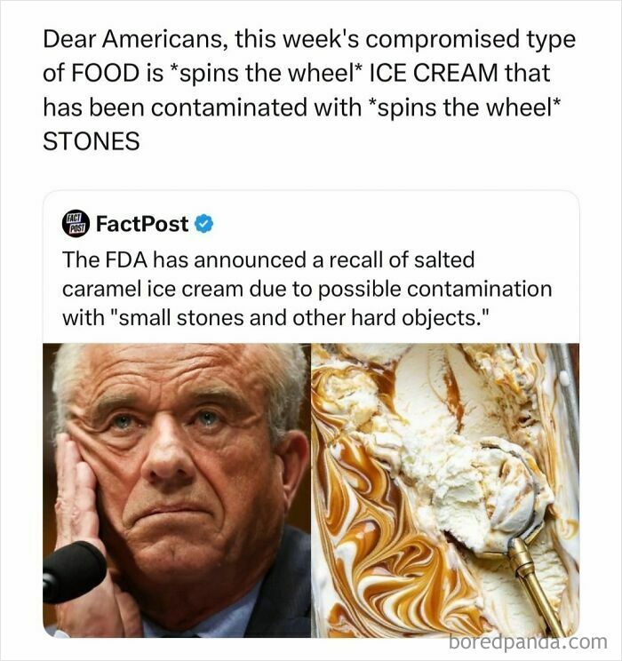 Funny and random posts meme about ice cream recall next to photo of RFK Jr and caramel swirl ice cream.