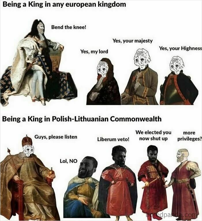 Comic history meme contrasting kingship in European kingdoms versus Polish-Lithuanian Commonwealth