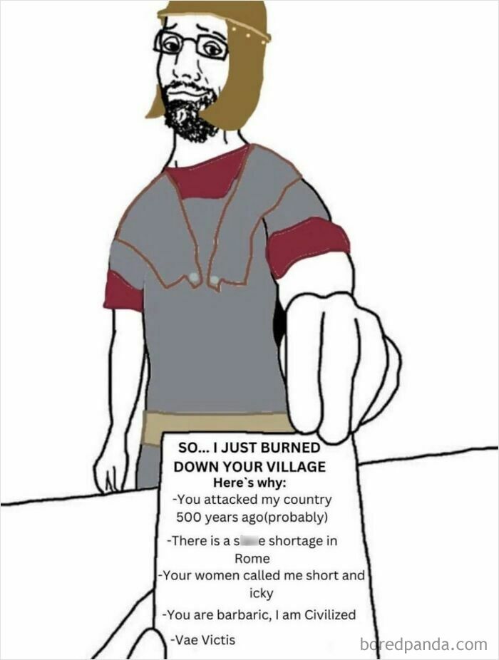 Medieval history meme showing a man admitting to burning a village with sarcastic reasons