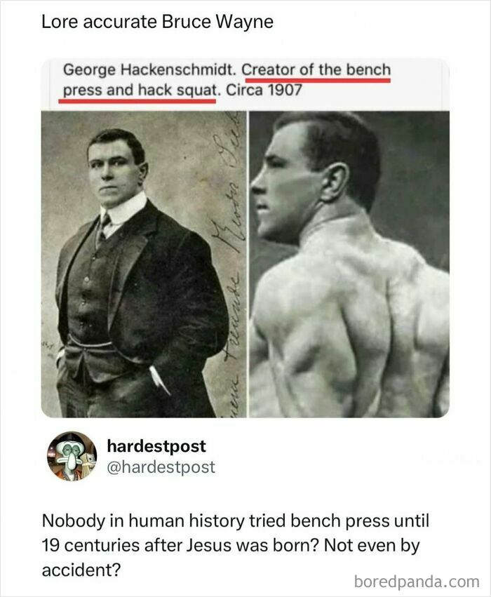Funny and random posts screenshot showing old photo of George Hackenschmidt and fitness history meme