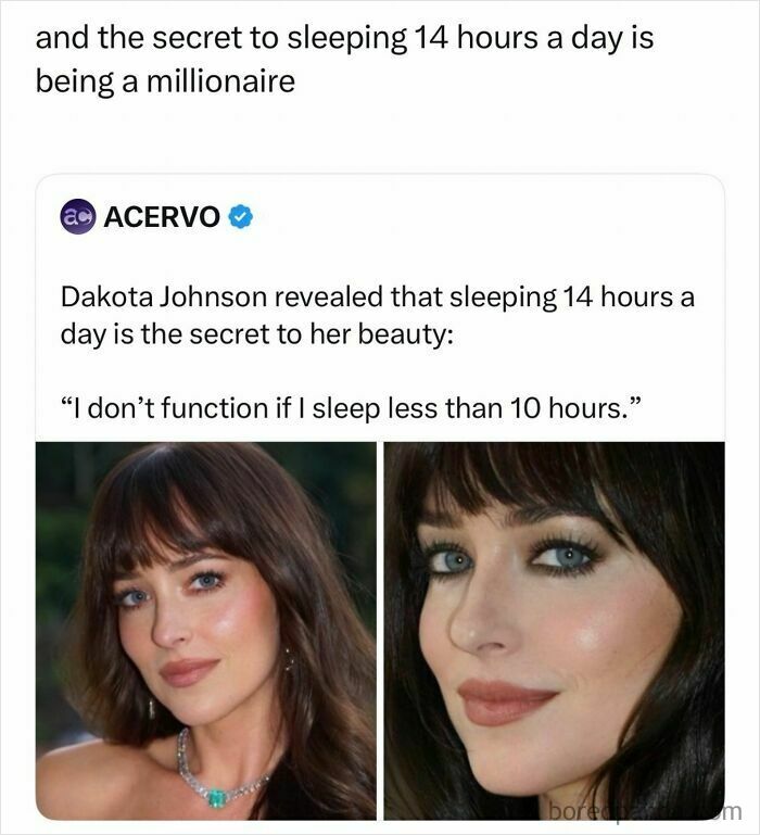 Funny and random posts screenshot about Dakota Johnson sleeping 14 hours a day with two headshots of her.