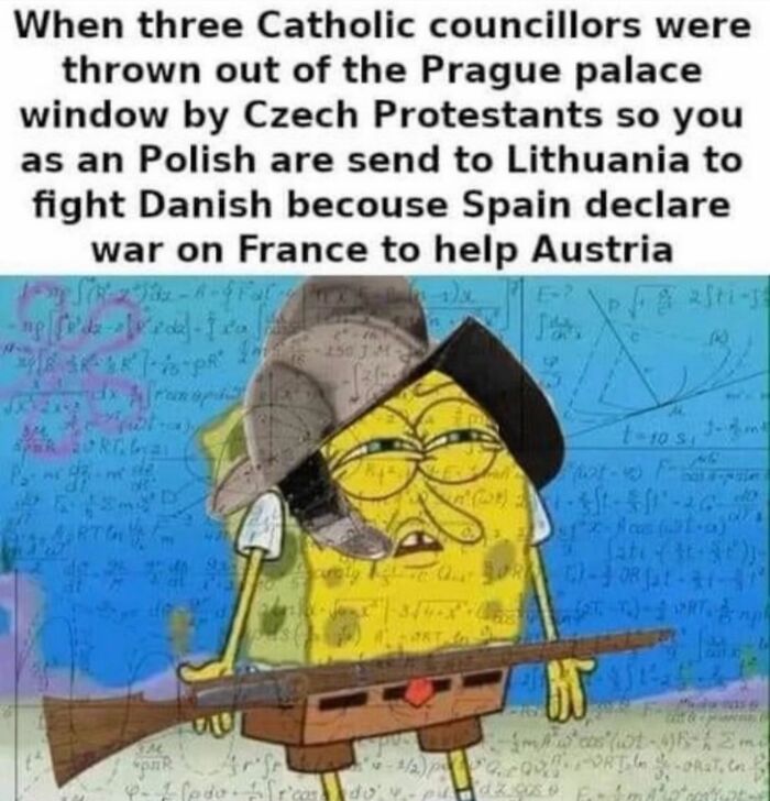 Confused SpongeBob meme illustrating complex historical European conflicts