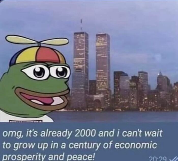 Meme featuring cartoon frog by twin towers with caption about 2000s economic hopes, history meme