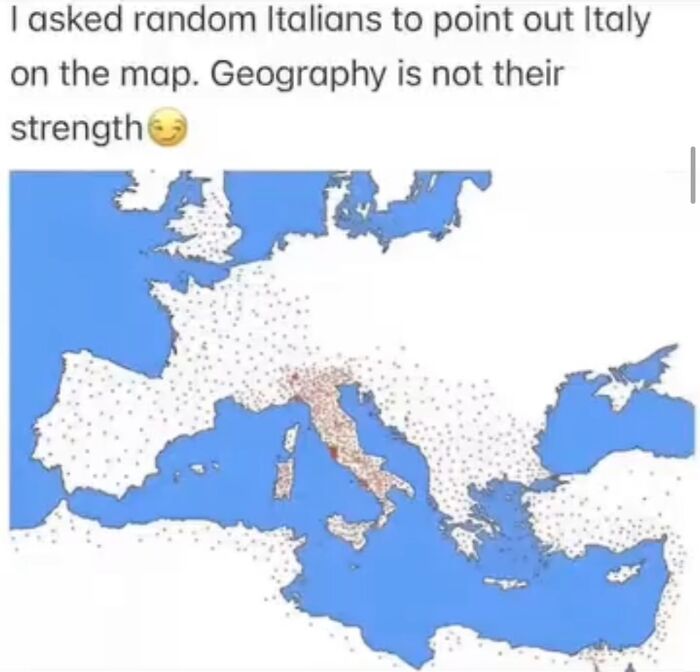 Map showing random Italian guesses of Italy location, highlighting geography confusion in history memes