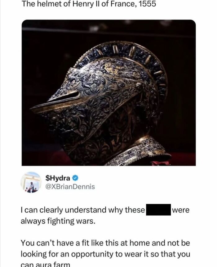 Ornate helmet of Henry II of France with humorous war comment meme