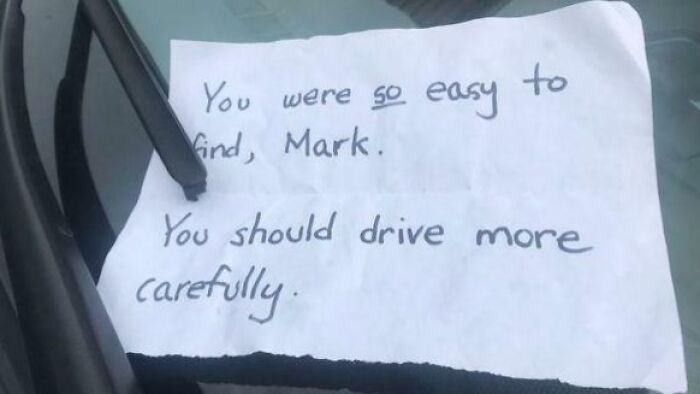 An unsettling handwritten note under a car wiper, one of many creepy cursed images.