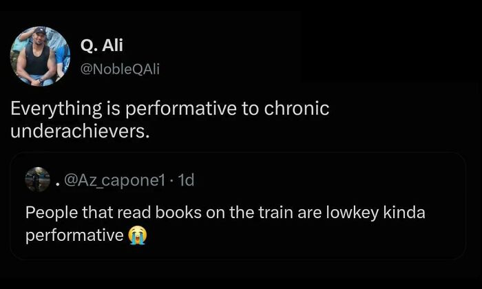 Performative behavior called out in response to reading books on the train in funny Twitter exchange