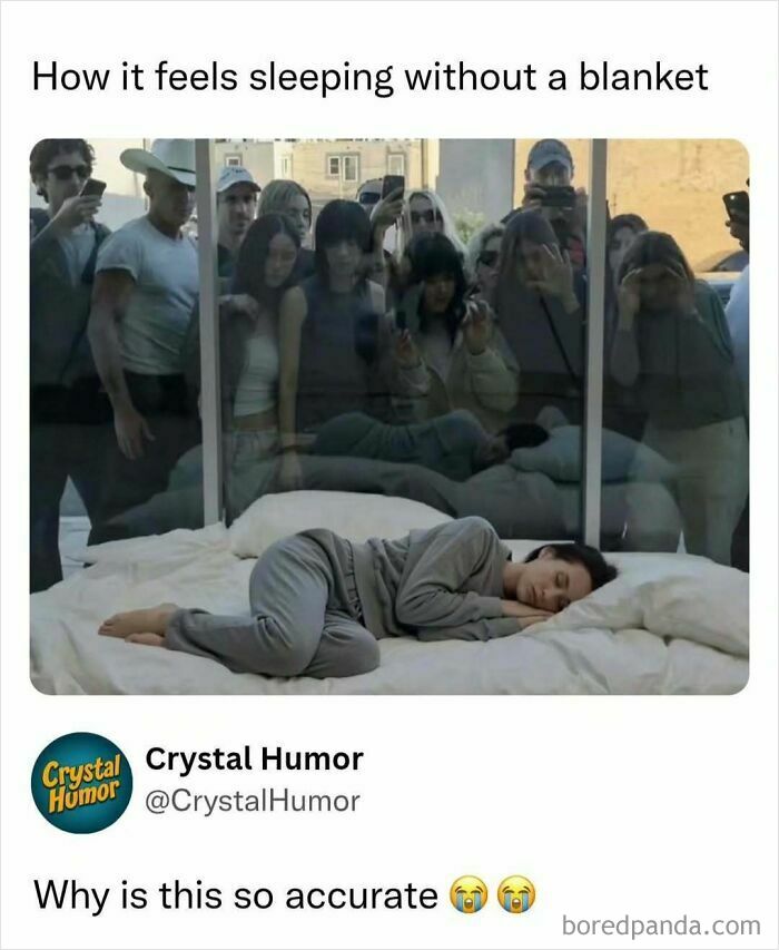 Relatable meme showing a person sleeping without a blanket watched by a crowd, perfect for sending memes to friends.