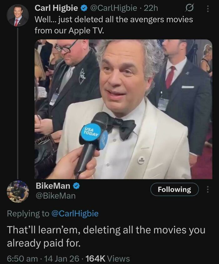 Tweet about deleting Avengers movies on Apple TV with a humorous reply on movie ownership