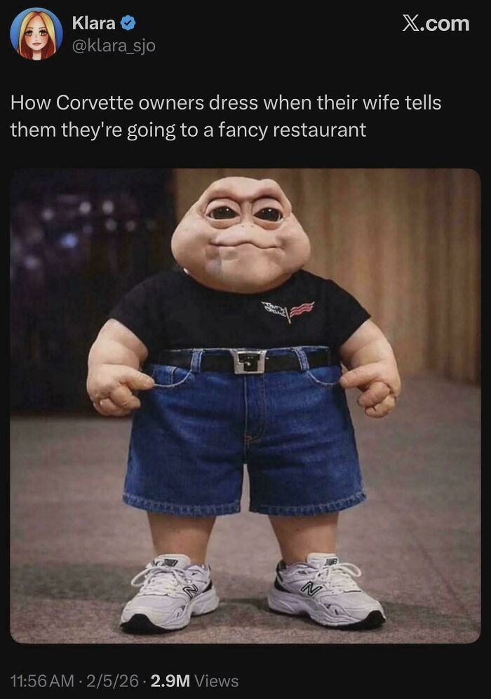 Funny tweet showing a cartoon character dressed casually for a fancy restaurant joke about Corvette owners