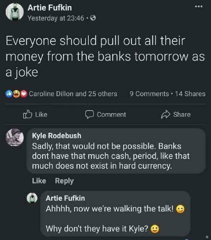 Social media post joking about withdrawing all bank money and a factual reply