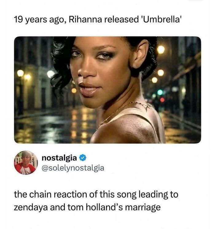 Rihanna photo marking 19 years since releasing the song Umbrella in viral joke chain reaction