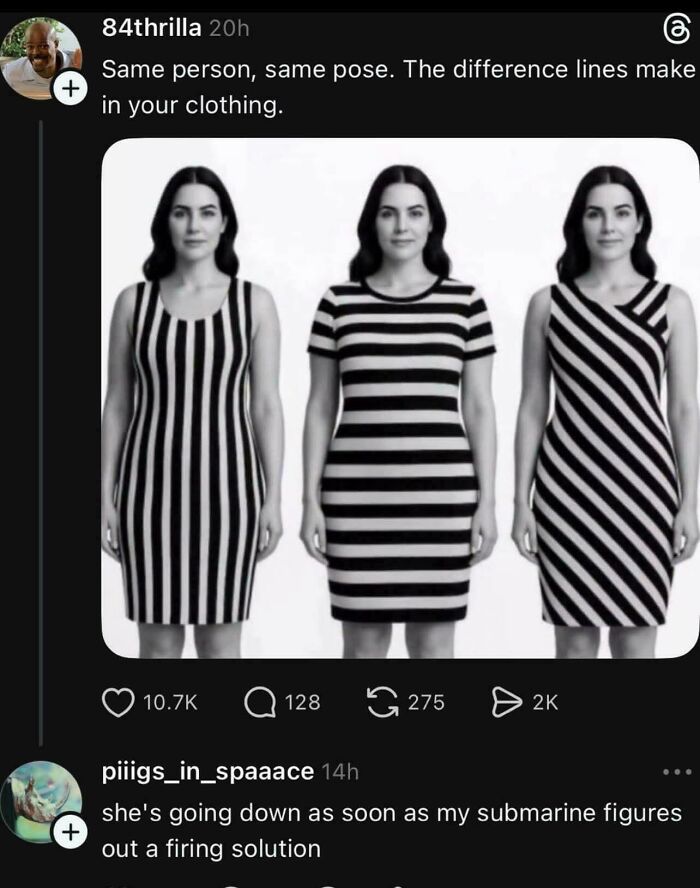 Woman in three black and white striped dresses showing how stripes affect perception of body shape