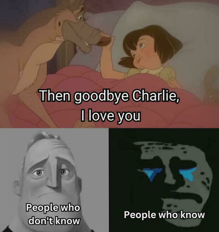 Cartoon farewell scene with sad and knowing people meme