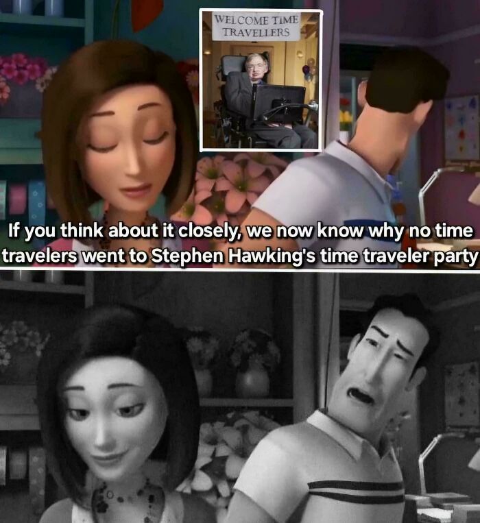 Animated characters discussing why no time travelers attended Stephen Hawking's party with his photo