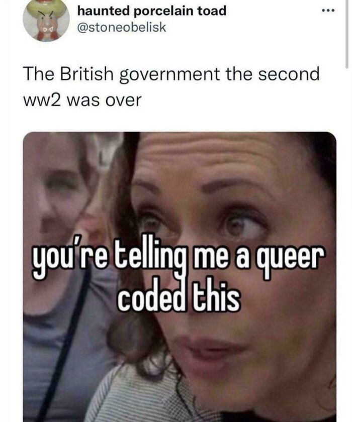 Close-up of surprised woman reacting to British government queer coding after World War II