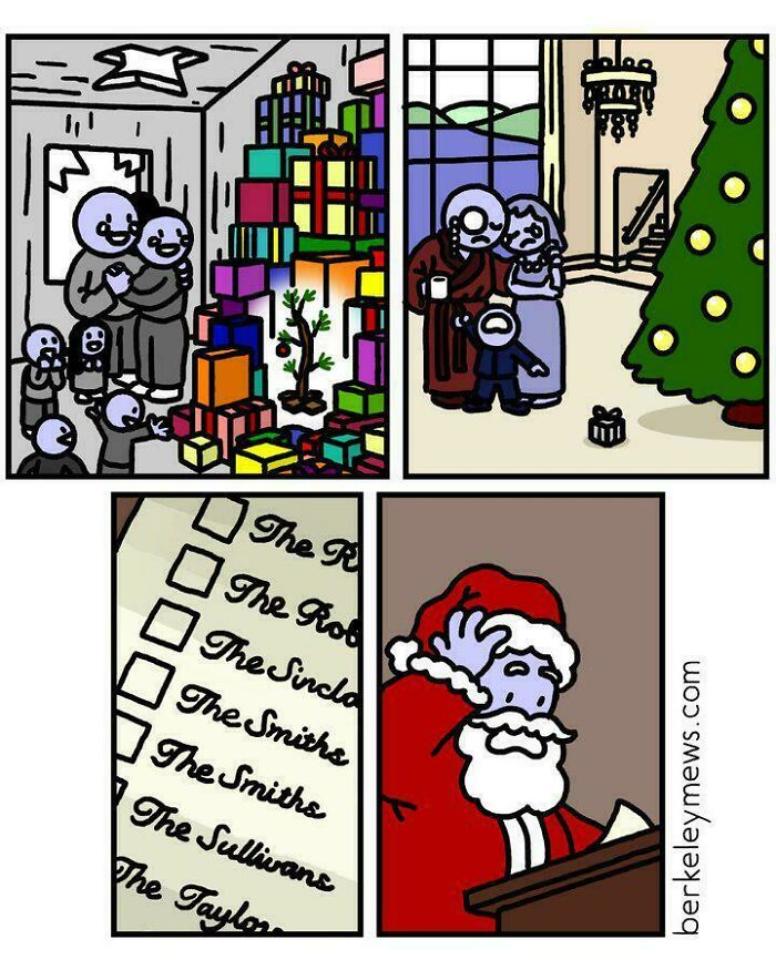 Comic showing family at Christmas and Santa confused by repeated family last names on his list