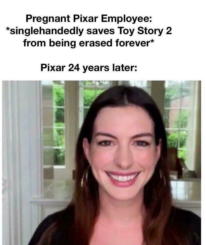 Meme about Pixar employee saving Toy Story 2 with Anne Hathaway's face