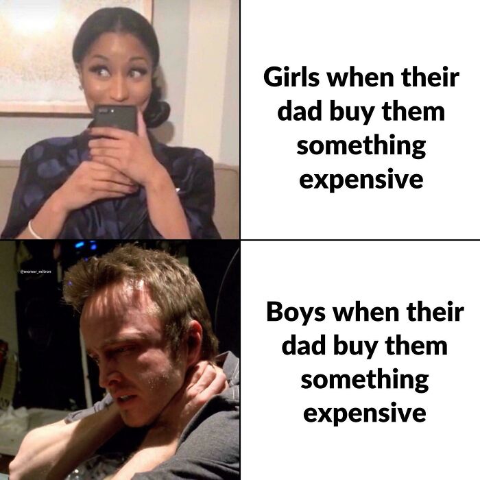 Girls vs boys reaction meme to receiving expensive gifts from dad
