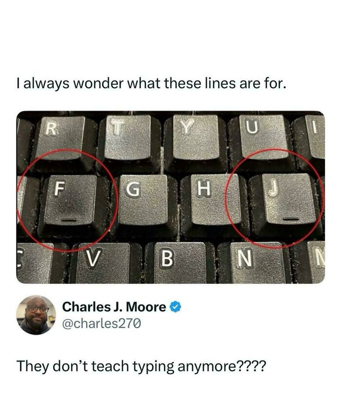 Keyboard keys F and J with lines and typing joke