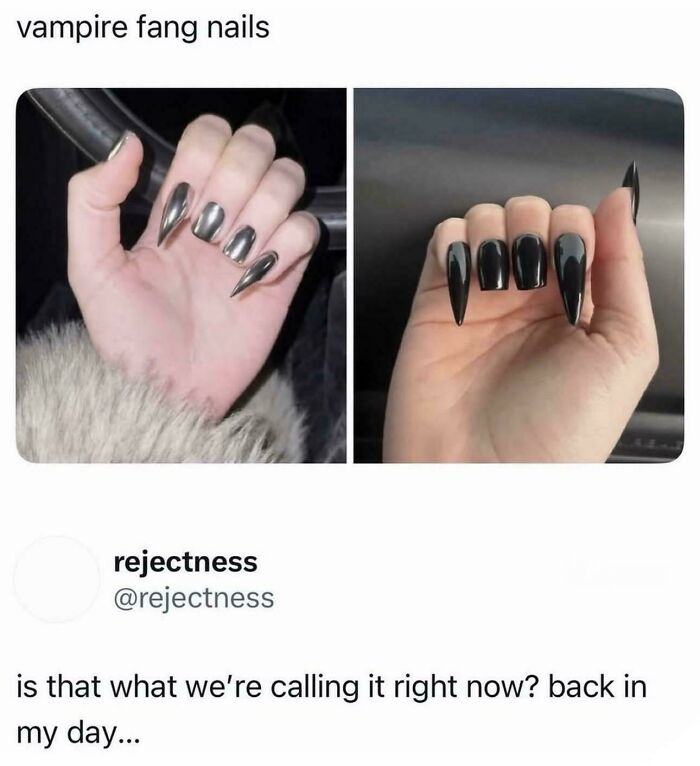Vampire fang nails trend with black and metallic nail designs
