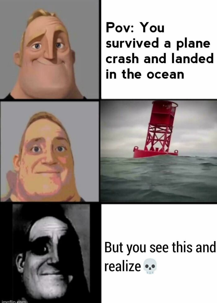 POV plane crash survivor sees ominous ocean buoy meme