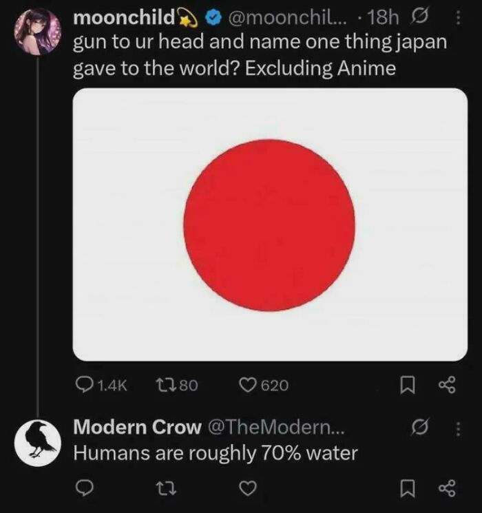 Tweet joke about Japan's contribution to the world with a reply about humans being 70 percent water