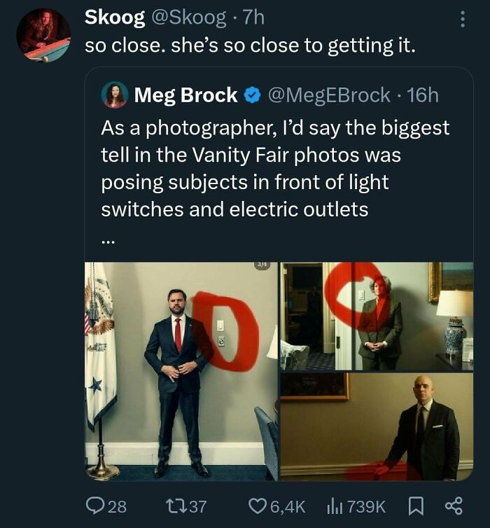 Twitter discussion about Vanity Fair photos posing subjects in front of light switches.