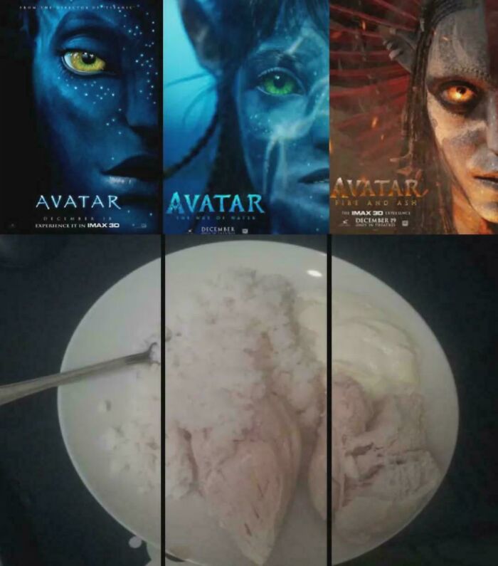 Funny comparison of Avatar movie posters with ice cream scoops in a bowl.