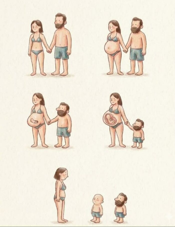 Cute comic illustration showing reverse pregnancy between man and woman.
