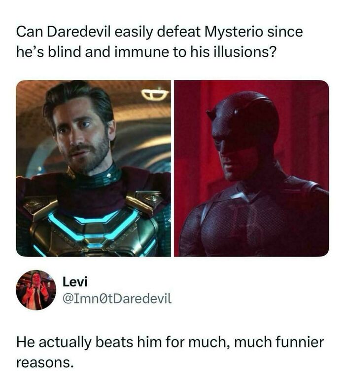 Daredevil meme about defeating Mysterio with funny reasons, featuring superhero images.