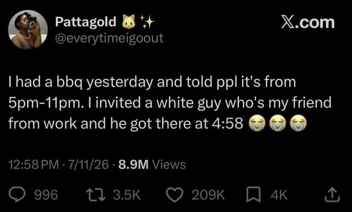 Tweet about someone arriving early to a BBQ event showing missed joke timing