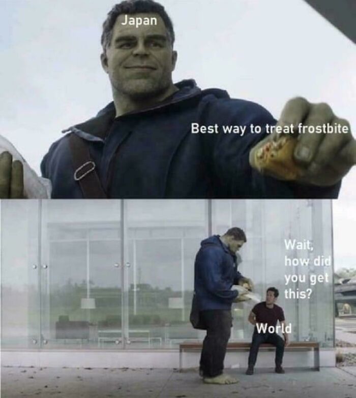 Hulk labeled Japan offering fried food to a seated man labeled World about frostbite