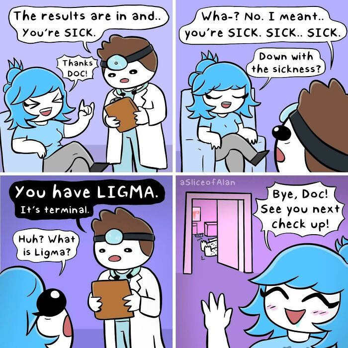 Comic of a patient misunderstanding a doctor's diagnosis with a pun on sickness
