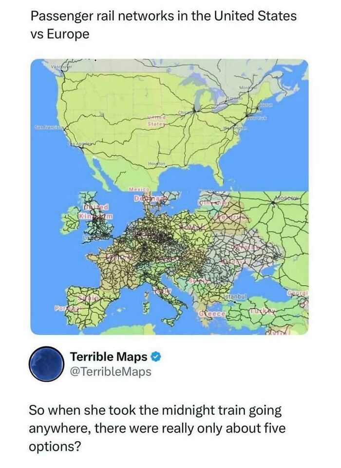 Map comparing passenger rail networks in the United States and Europe