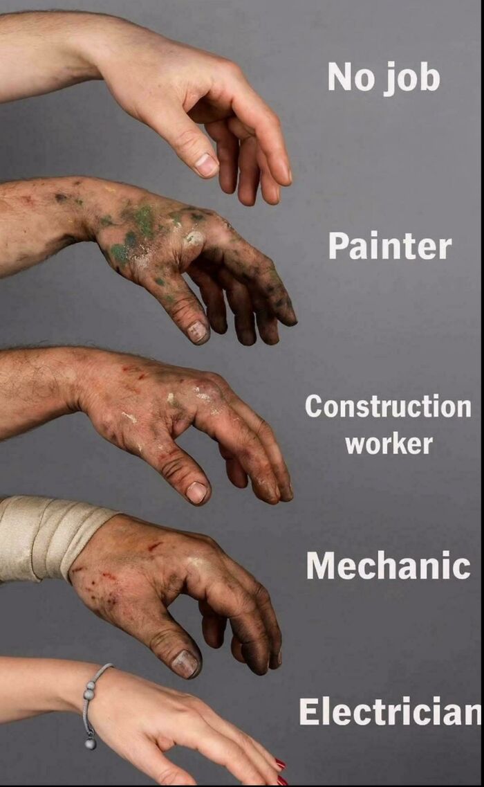 Dirty hands labeled no job painter construction worker mechanic electrician comparison