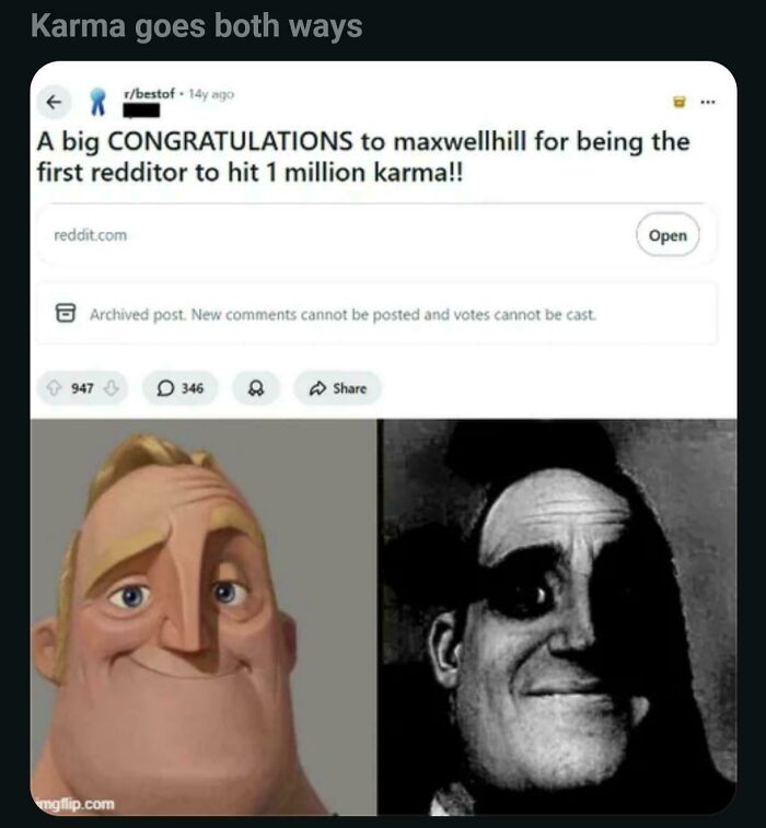 Reddit post about maxwellhill hitting 1 million karma with stylized faces