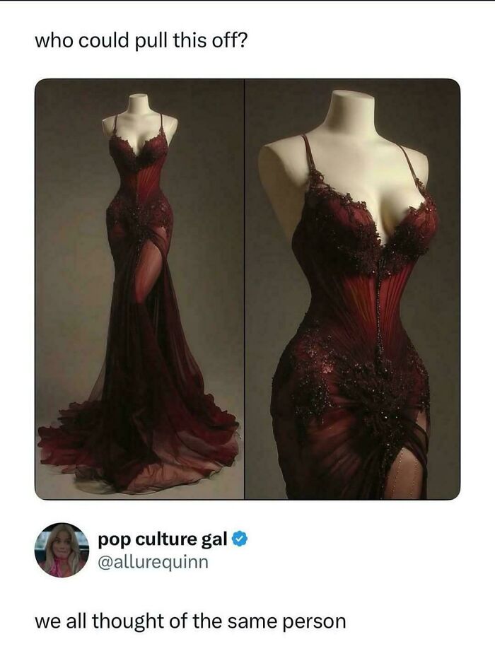 Elegant red dress on mannequin with caption about who could pull it off