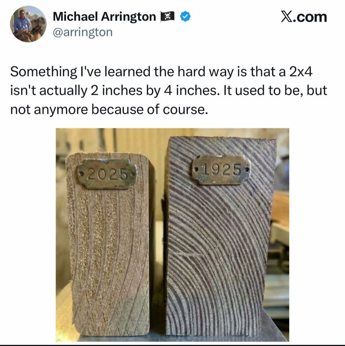 Funny woodworking joke about 2x4 lumber dimensions not matching actual size