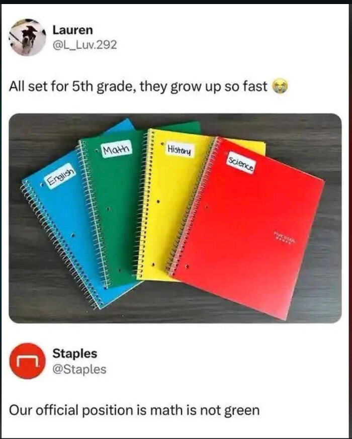 Humorous back to school note on math notebook color mix-up