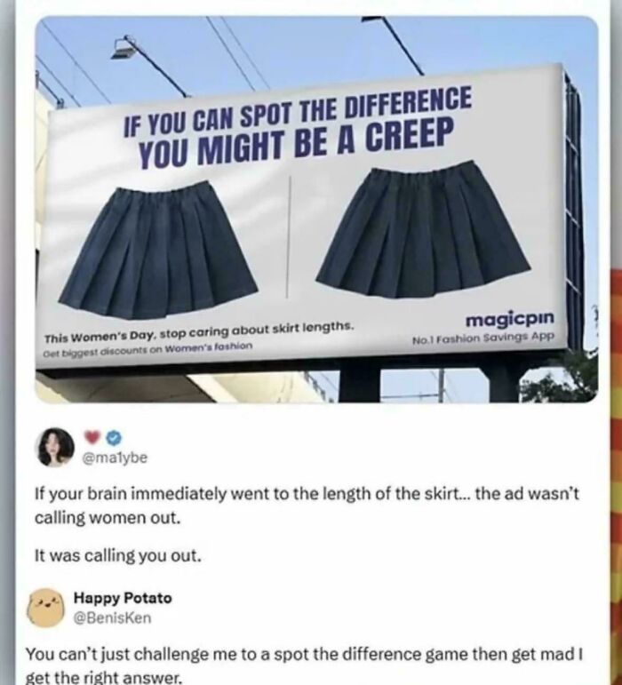Billboard ad challenging perception about skirt lengths on Women's Day