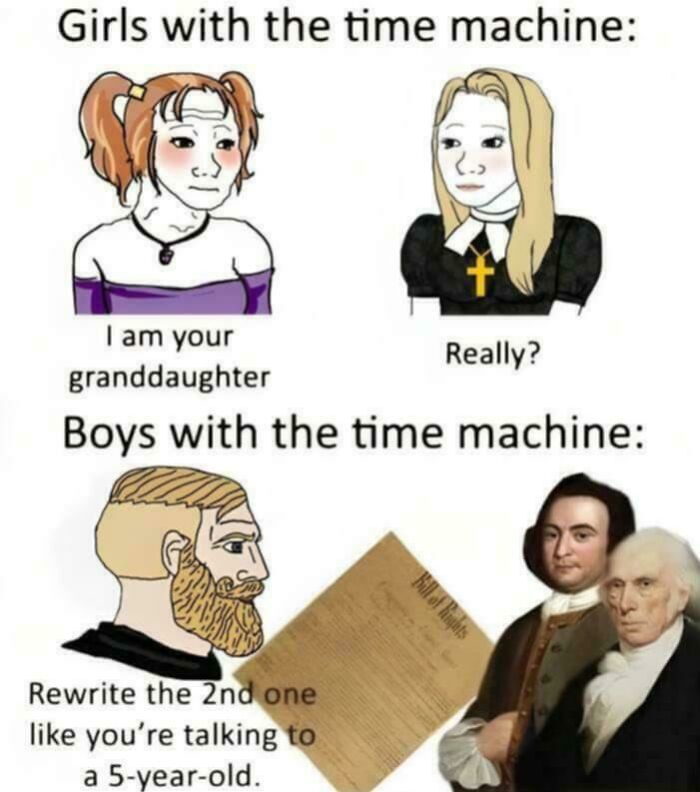 Girls and boys with time machine meme missing joke about rewriting documents simply
