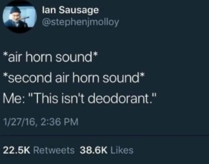 Tweet meme about air horn sounding and deodorant confusion