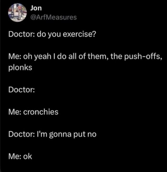 Funny exercise meme joking about push-offs and cronchies