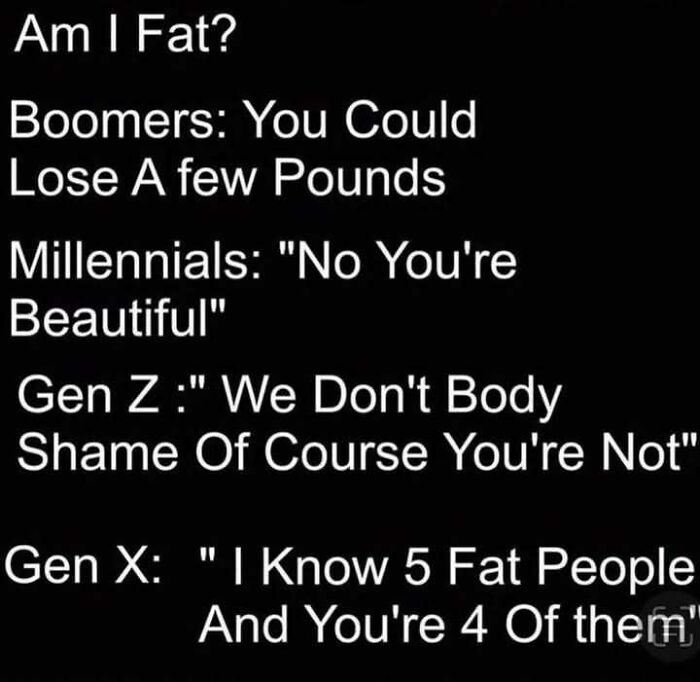 Random memes text joke about generations and body shaming