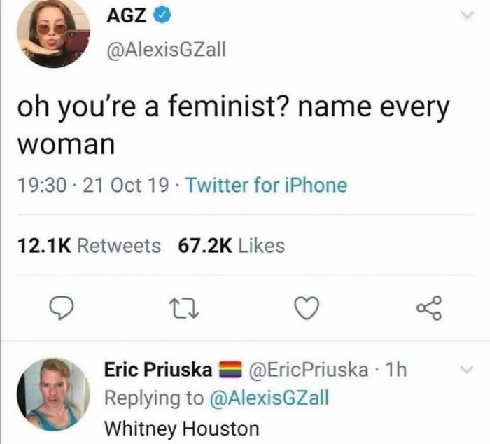 Funny feminist tweet meme naming Whitney Houston