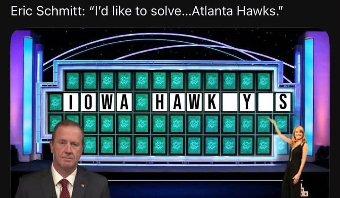 Funny meme with Wheel of Fortune game showing Iowa Hawkeyes joke