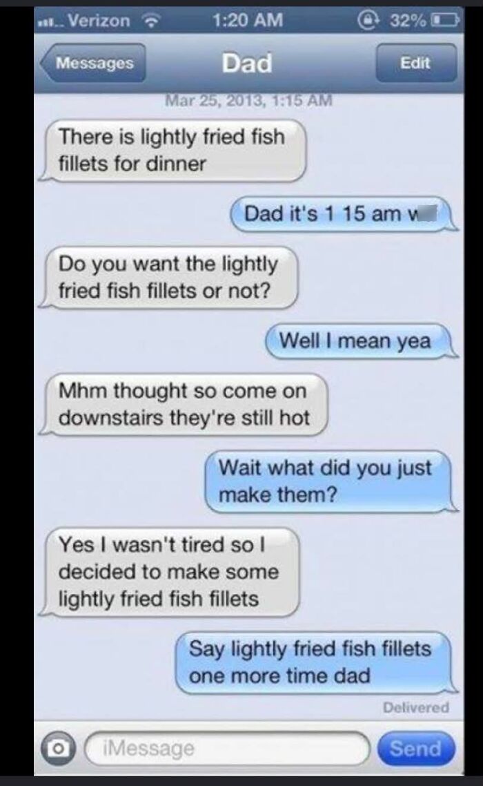 Text conversation about lightly fried fish fillets served late at night