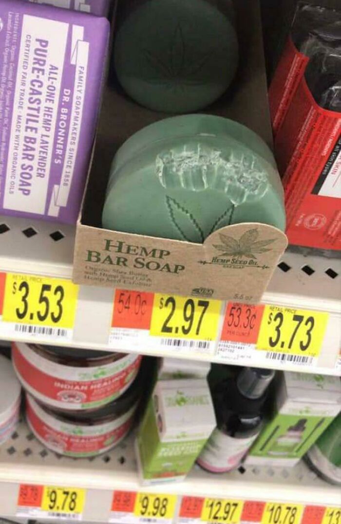 Hemp bar soap and prices displayed on Walmart store shelf