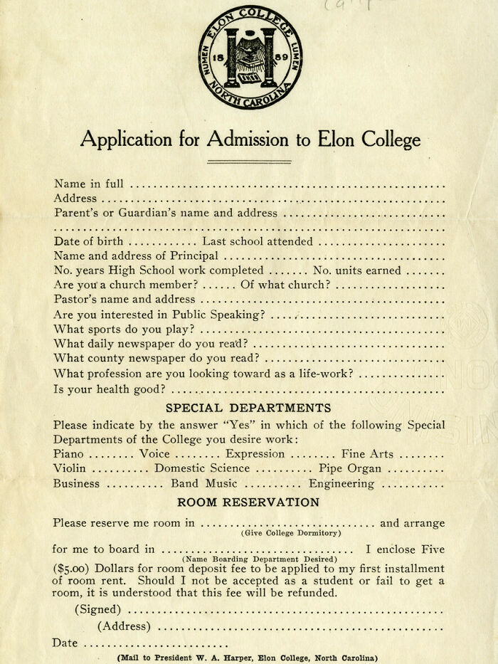 Elon College vintage application form showing early college admission details